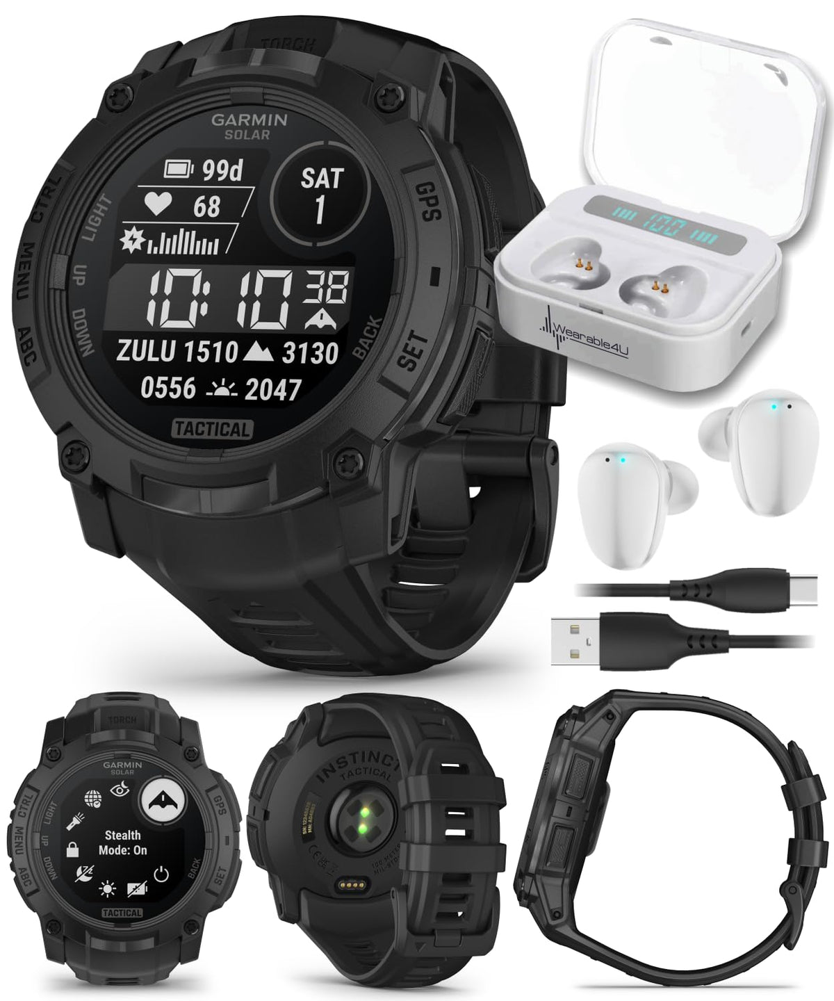 Garmin Instinct 3-50mm Tactical Edition, Solar Charging Display, Rugged Outdoor GPS Smartwatch, Applied Ballistics Support, LED Flashlight, Multi-Band GPS PowerBank Bundle