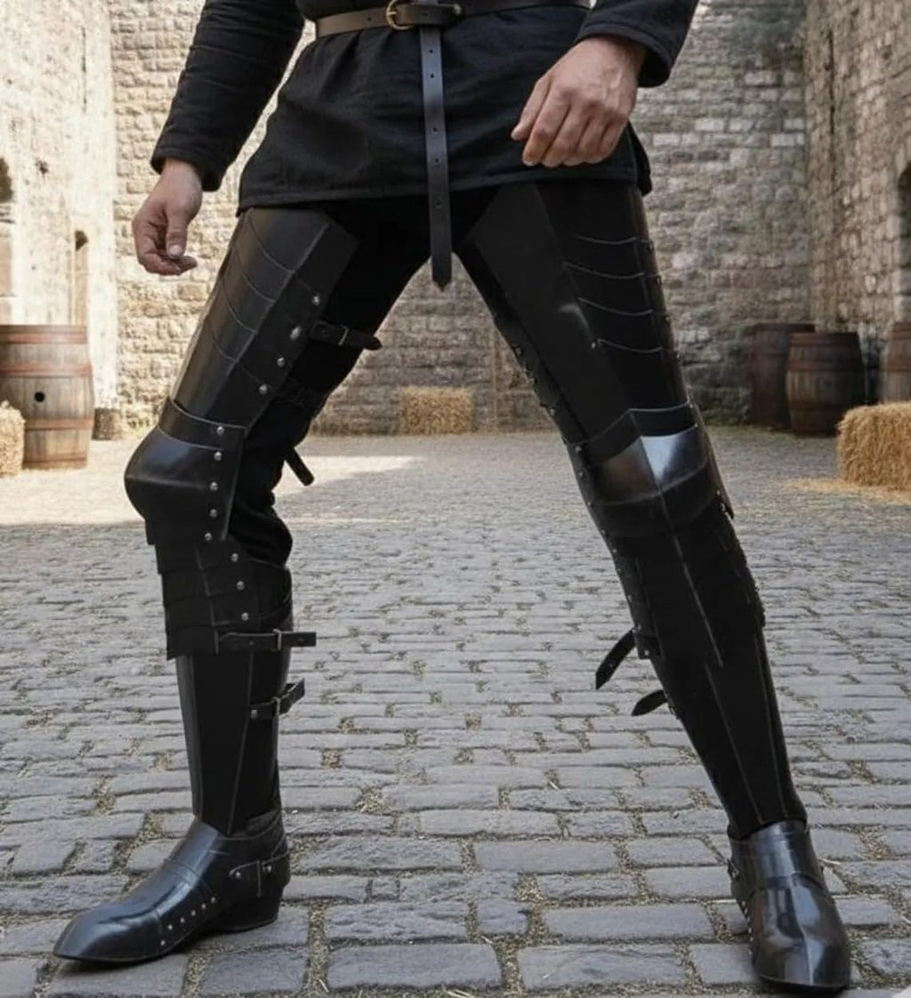 Black Steel Gothic Leg Armor Medieval Knight Greaves & Sabatons Set -Wearable LARP & Cosplay Halloween Costume