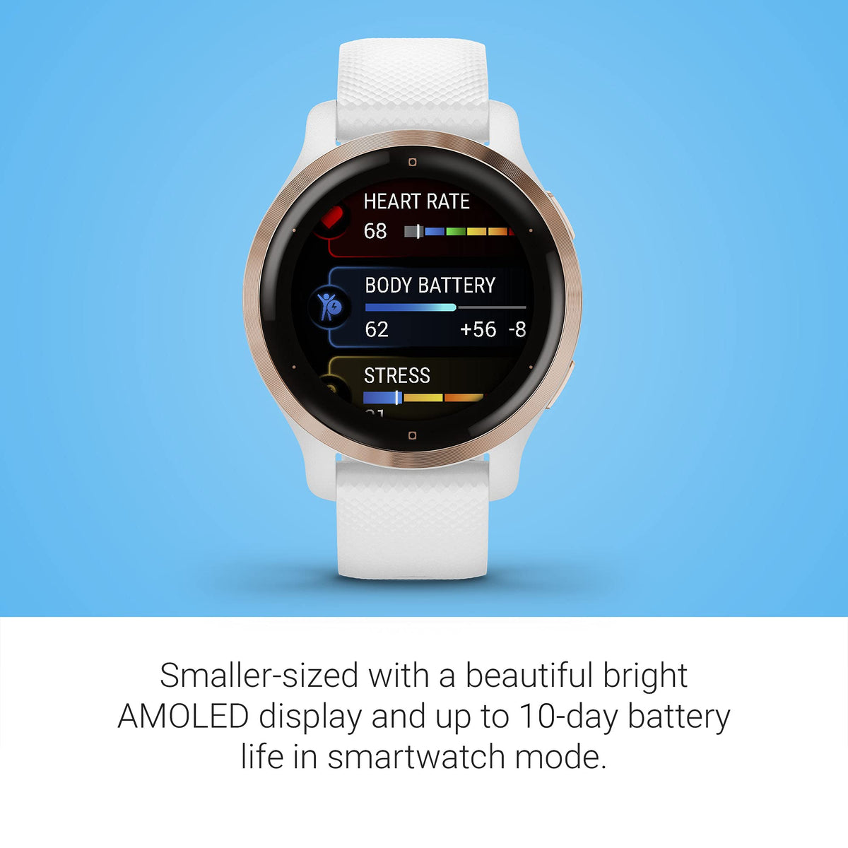 Garmin Venu 2S, Smaller-Sized GPS Smartwatch with Advanced Health Monitoring and Fitness Features, Rose Gold Bezel with White Case and Silicone Band, (010-02429-03) (Renewed)