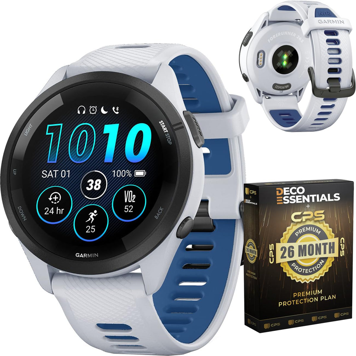 Garmin Forerunner 265 Running GPS Smartwatch, AMOLED Display, 46mm, Aqua/Black, 010-02810-02 - Bundle w/Deco Essentials 26-Month CPS Plan