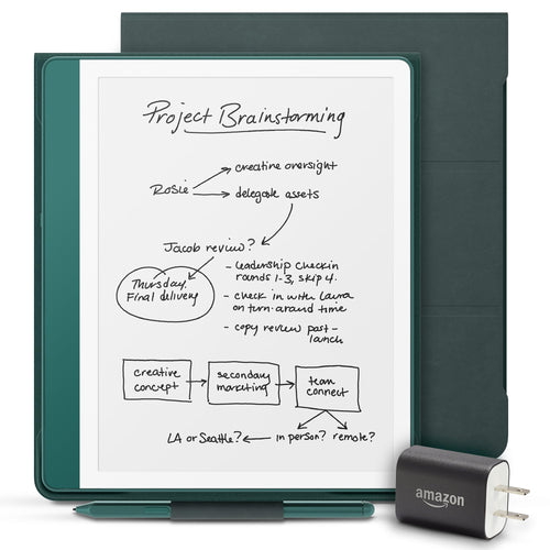 Amazon Kindle Scribe Essentials Bundle including Kindle Scribe (16GB) - Tungsten, Premium Pen, Premium Leather Folio-Black, and Power Adapter