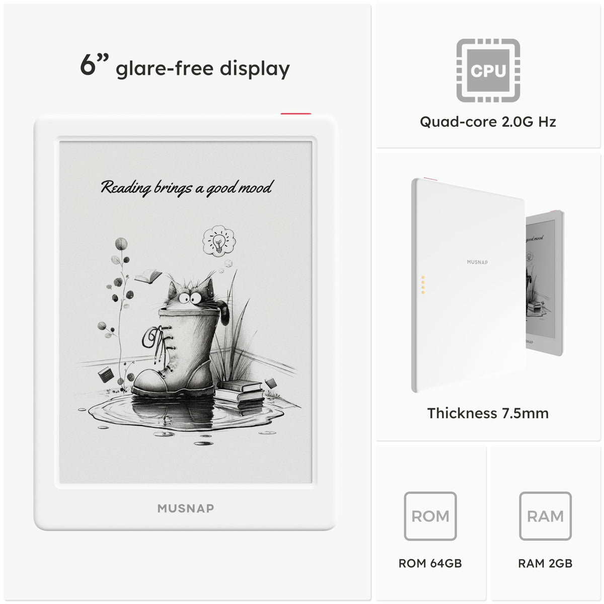 Neo 64GB+2GB eBook Reader Supports 3rd-Party apps, 6”E Ink ePaper eReader B/W Digital Paper, Long Battery Life for Reading