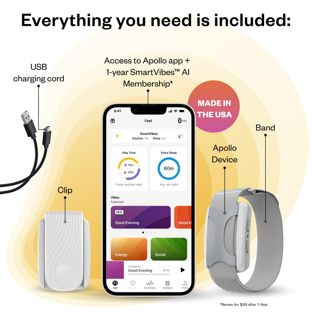 Apollo Neuro Wearable & 12-Month SmartVibes AI Membership - Sleep Aid & Stress Relief Device (Glacier)