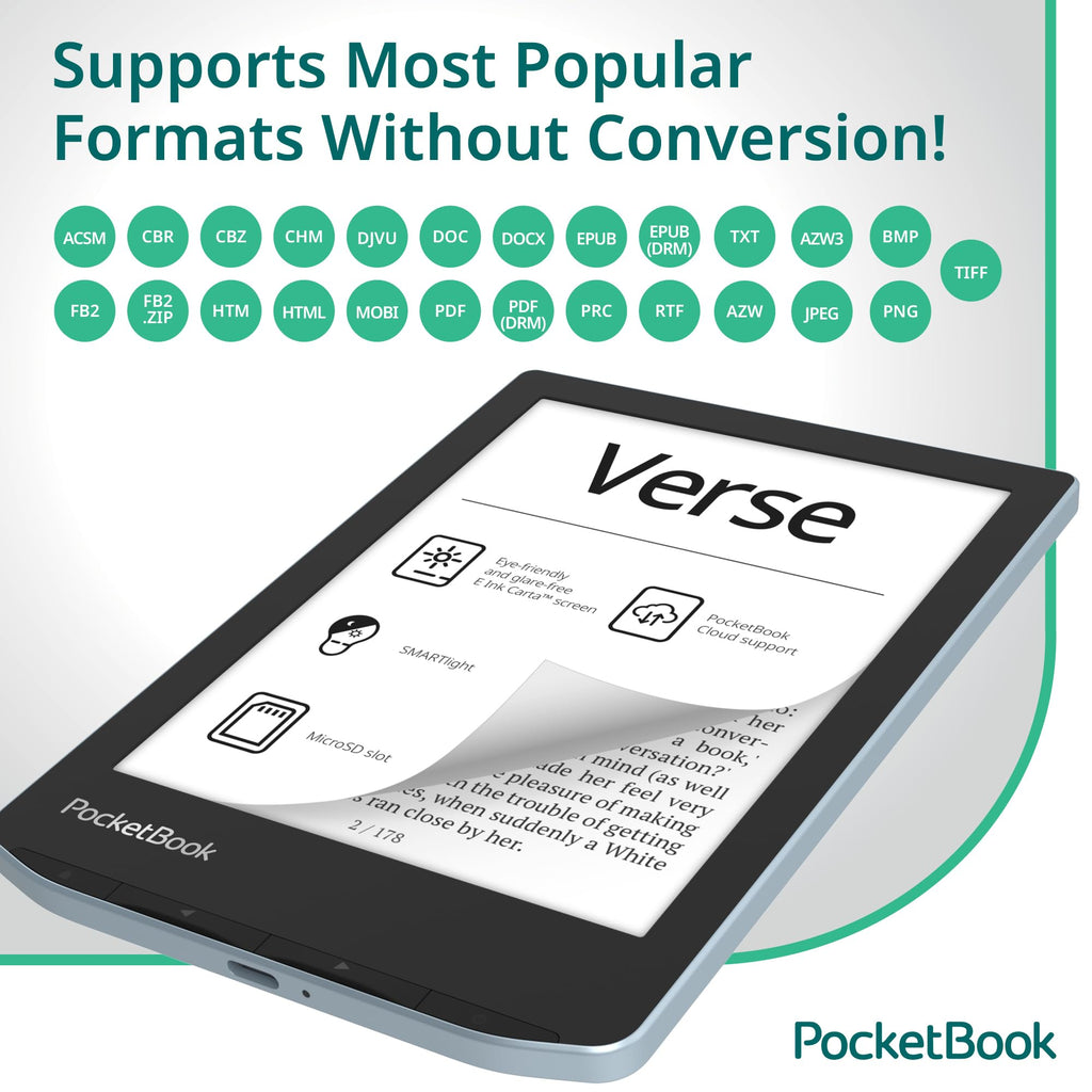 PocketBook Verse E-Reader with Flip Cover | Eye-Friendly 6'' E-Ink Carta™ HD Touchscreen | Adjustable SMARTlight | Up to 1 Month of Battery Life| E-Book Reader in Bright Blue