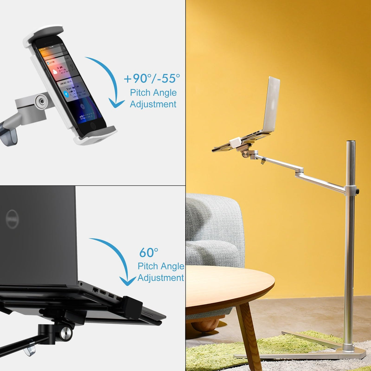 3-in-1 Floor Stand for Phone, Tablet, Laptop or E-Reader, Tablet Holder Stand, Adjustable Height and Angle(Silver)