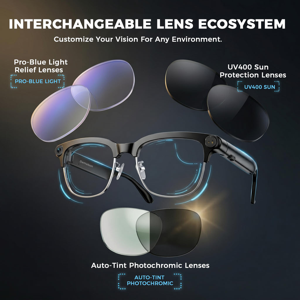 8MP 4K AI Smart Glasses with Camera & Adaptive Fit, Blue Light + Extra Sun Lenses, Real-Time Translator, Voice Assistant & Voice Recorder, Open-Ear Audio for Work & Business Travel