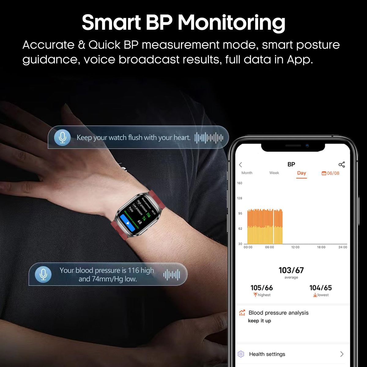Blood Pressure Smart Watch,2.06" AMOLED HD Large Screen,Voice Broadcast,Air Pump Air Bag,Bluetooth Call,24/7 Heart Rate Blood Oxygen Sleep Monitoring,Activiy Tracker,SOS