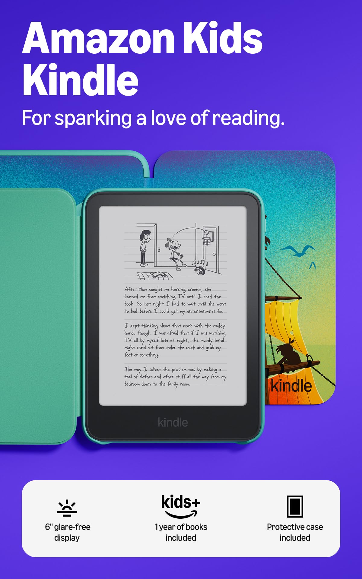 Amazon Kids Kindle 16GB (newest model), Now thinner and lighter, 6" glare-free display, weeks of battery, includes 1 year of books and Bookman cover