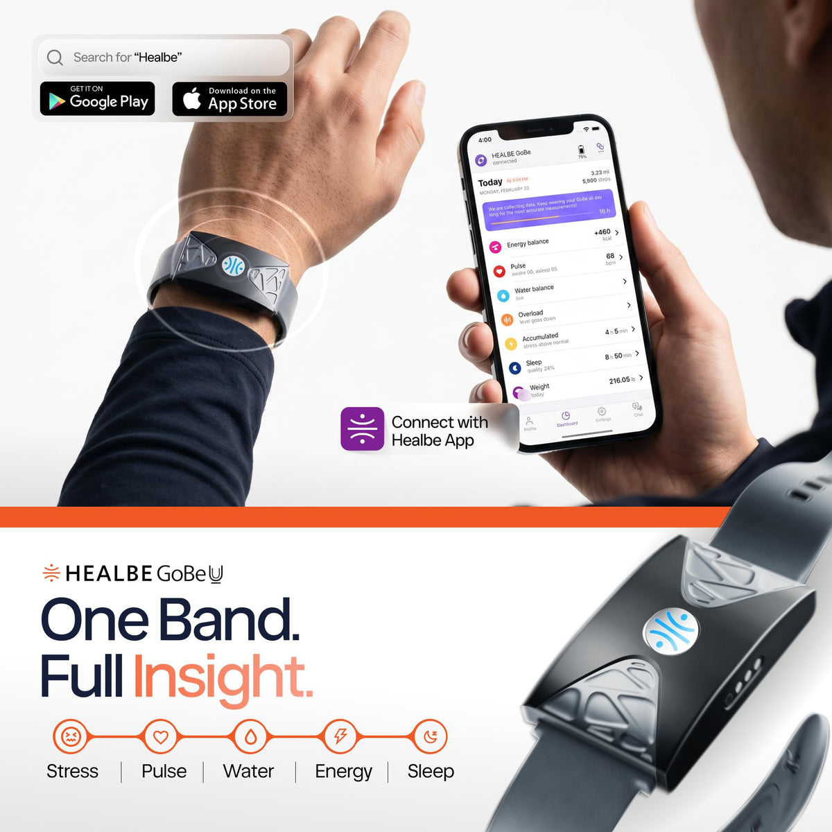 HEALBE Fitness Tracker - Auto Calorie, Hydration, Stress & Sleep Monitor
