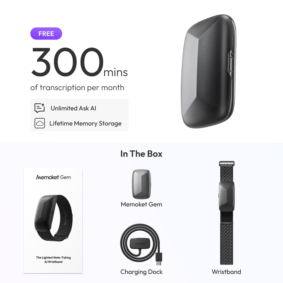 Gem Wearable AI Voice Recorder, Transcribe & Summarize, Wristband
