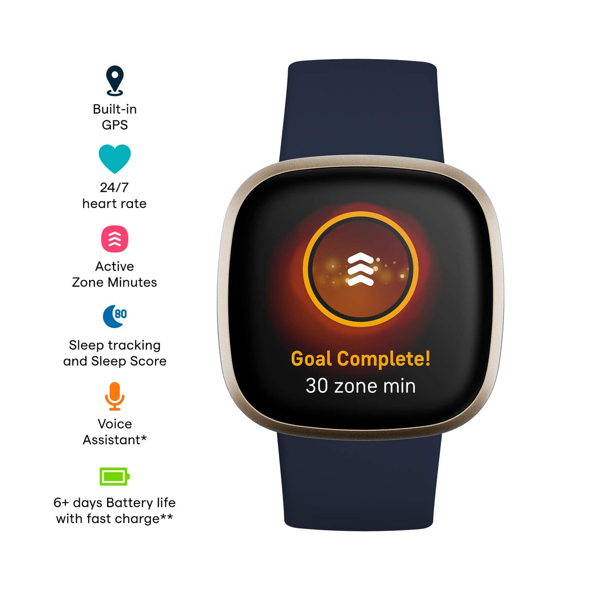Fitbit Versa 3 Health & Fitness Smartwatch with GPS, 24/7 Heart Rate, Alexa Built-in, 6+ Days Battery, Midnight Blue/Gold, One Size (S & L Bands Included)