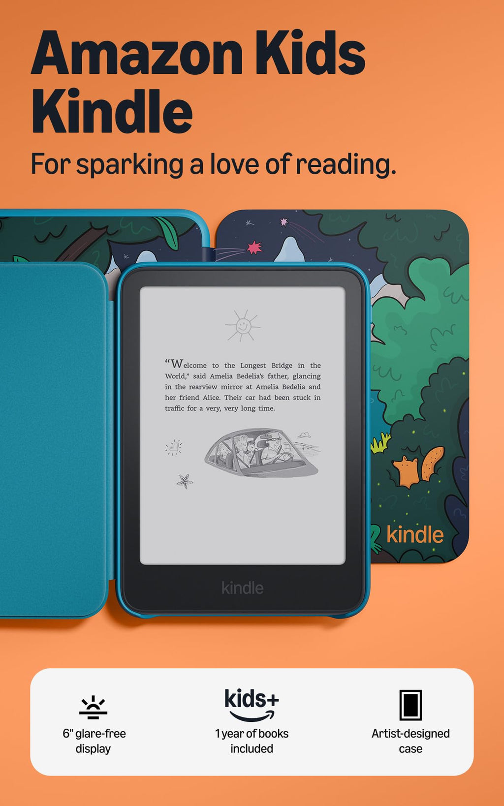Amazon Kids Kindle 16GB (newest model), Now thinner and lighter, 6" glare-free display, weeks of battery, includes 1 year of books and Bookman cover