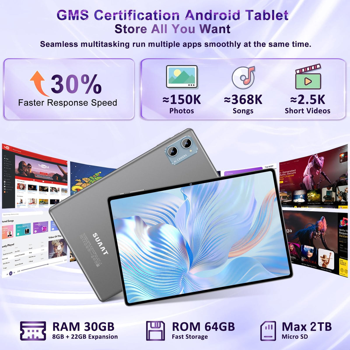Tablet 2026 Android 15 Tablets with 2.0GHz Octa-Core, 30GB 64GB 2TB Expand, 10 inch Tablet with Keyboard, FHD IPS Display, Gemini AI, 8MP Camera, WiFi 6, 6000mAh, Widevine L1, BT 5.0 -Gray