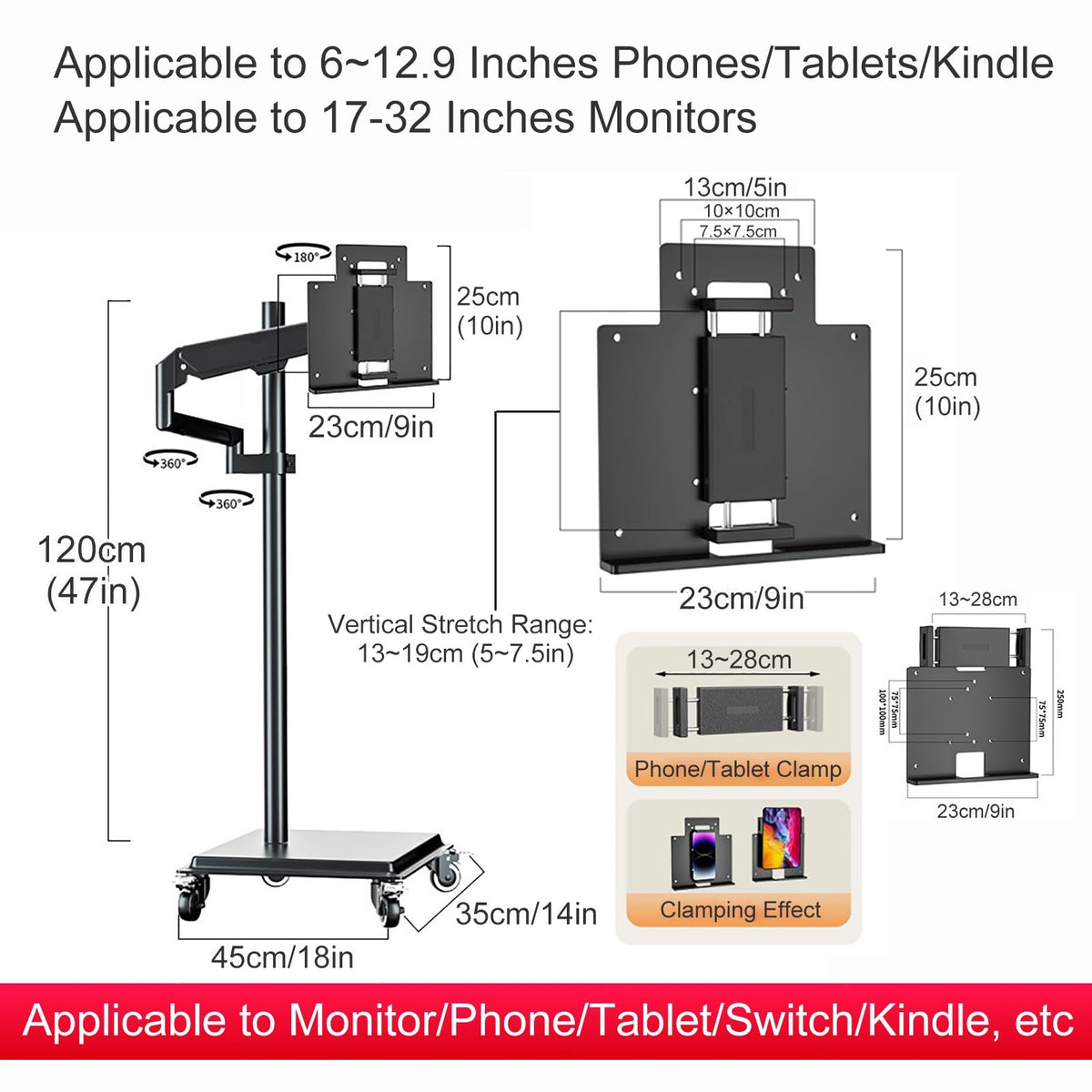 Phone/Tablet/E-Reader/Monitor Stand Floor, Adjustable Height and Angle, Holder Stand with Heavy Duty Base and Casters