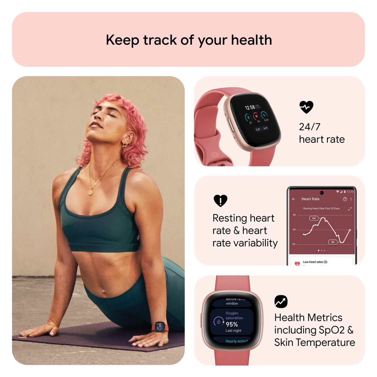 Google Fitbit Versa 4 Fitness Smartwatch - Pink Sand/Copper Rose