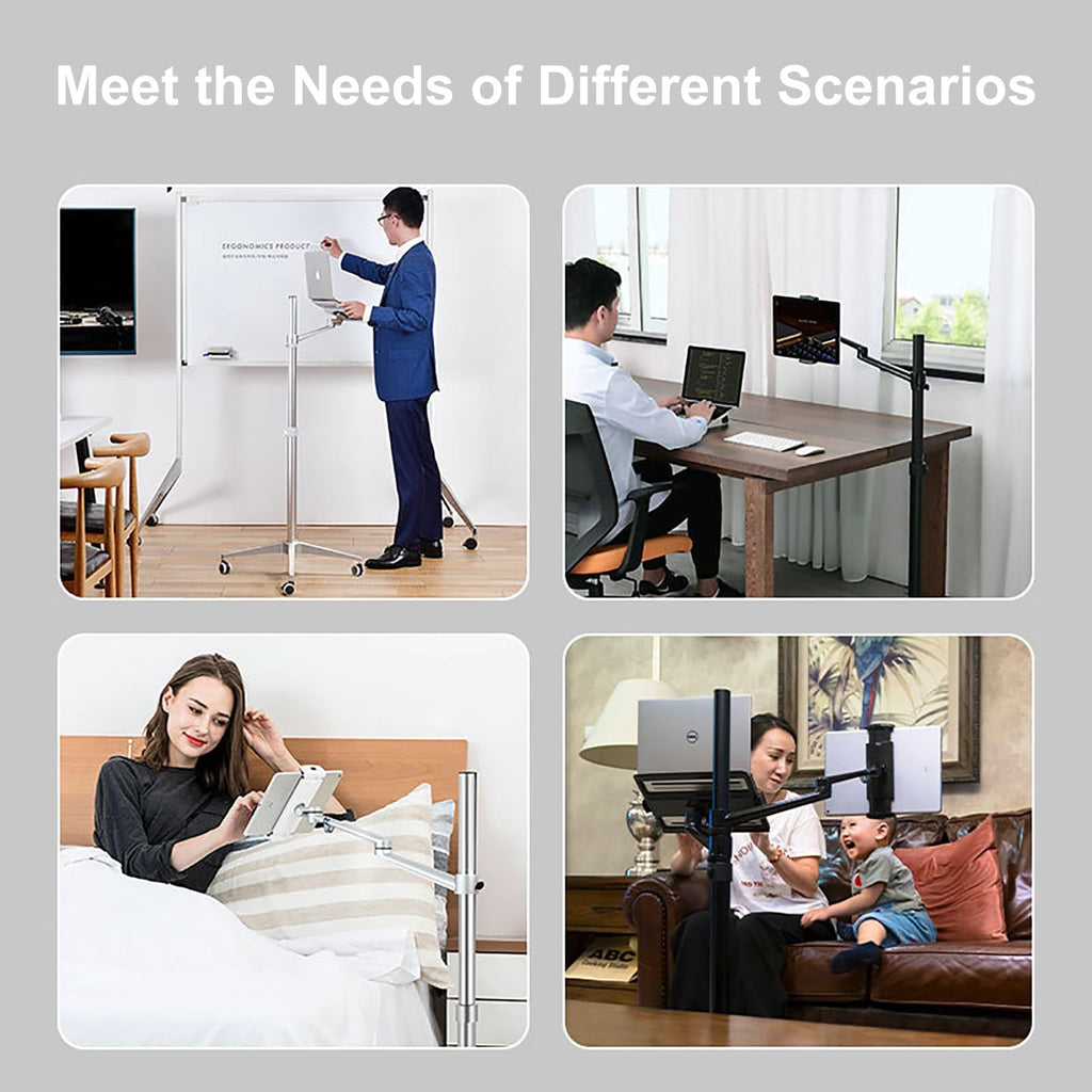 Adjustable Stand Floor with 2 Clamps for Phones, Tablets, E-Readers, Laptops, Tablet Holder Stand with Casters(Silver)