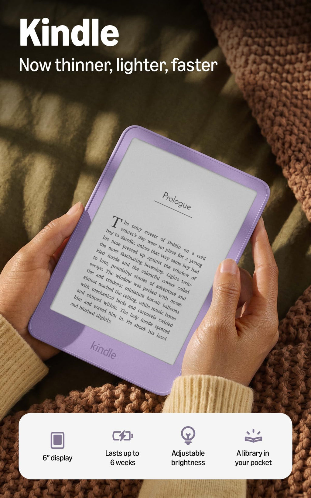 Amazon Kindle 16GB (newest model), Now thinner, lighter, and faster, 6" display, Ube