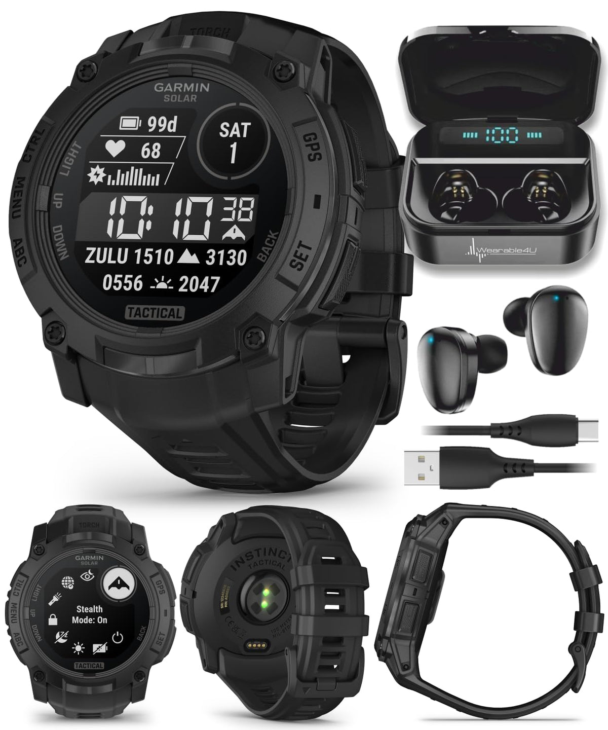 Garmin Instinct 3-50mm Tactical Edition, Solar Charging Display, Rugged Outdoor GPS Smartwatch, Applied Ballistics Support, LED Flashlight, Multi-Band GPS PowerBank Bundle