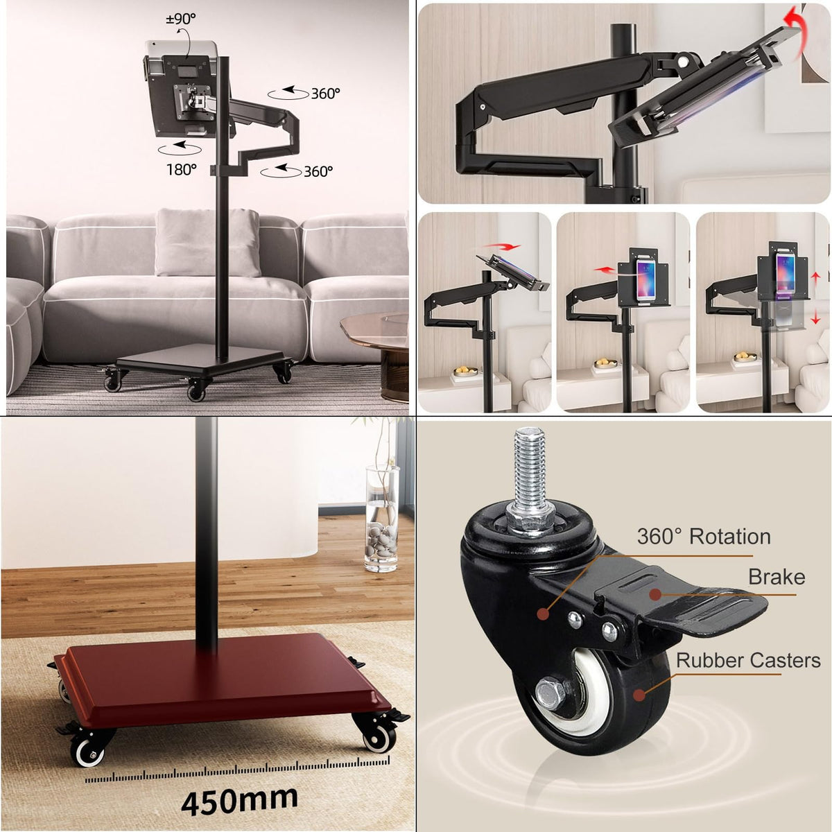 Phone/Tablet/E-Reader/Monitor Stand Floor, Adjustable Height and Angle, Holder Stand with Heavy Duty Base and Casters