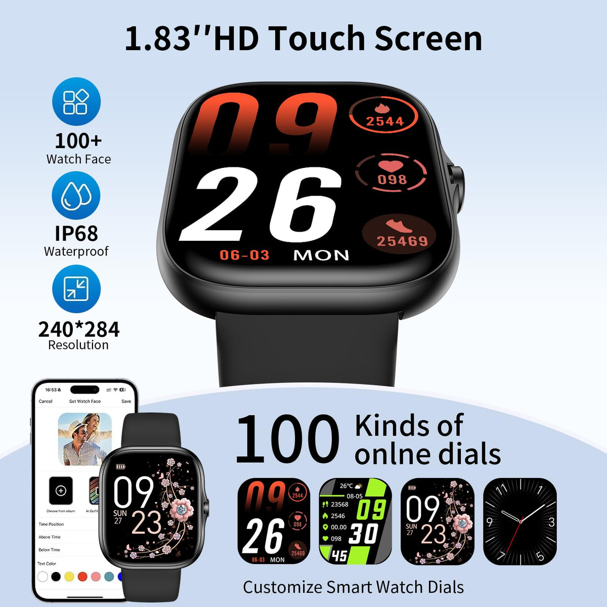 Smart Watch for Men Women, 1.83"HD Health & Fitness Smartwatch, Black