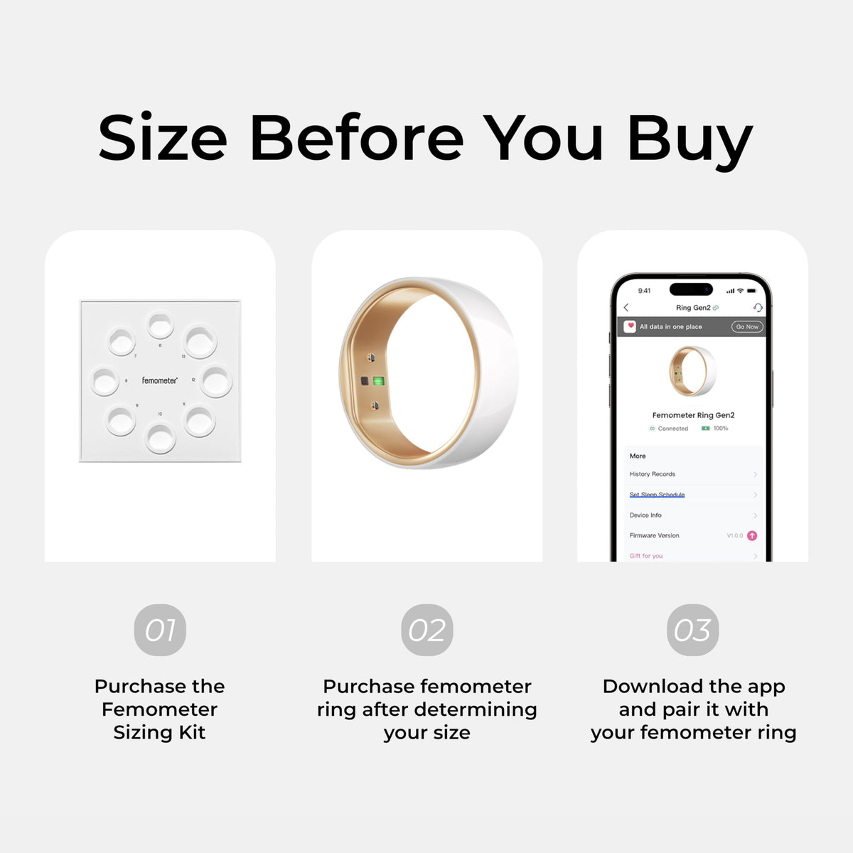 femometer Ring Gen2 - Size Before You Buy, Smart Ring for Women(Size 8)