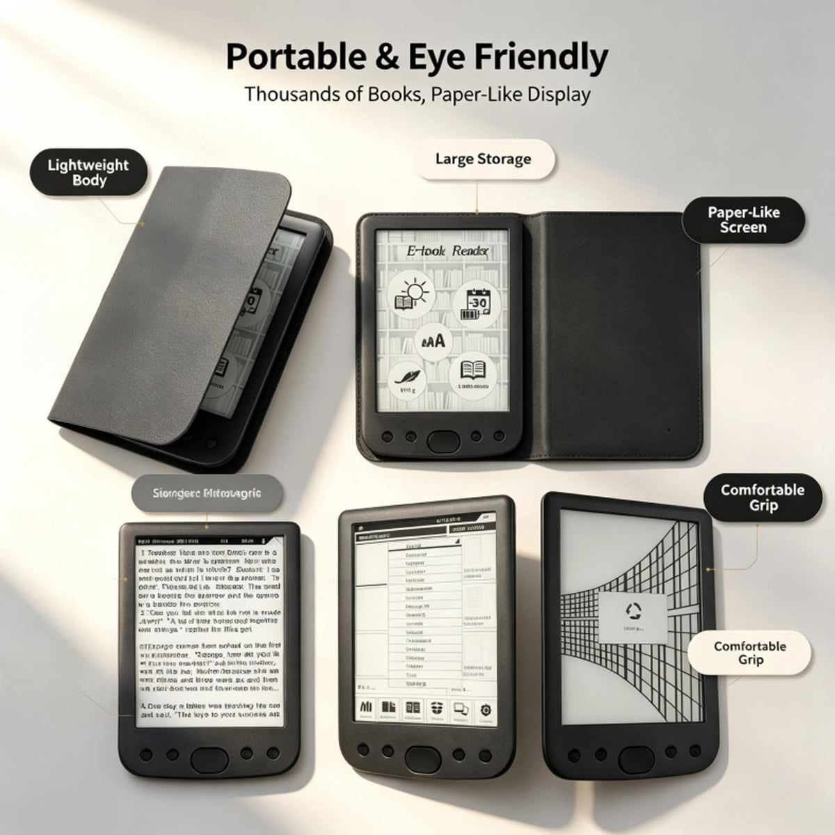 EBTOOLS 6 Inch E Reader, Large Touch Screen with 800x600 High Resolution, Adjustable Font Sizes, Text Highlighting, Paper Like Display, Supports PDF EPUB MOBI, Long Battery Life (8G)
