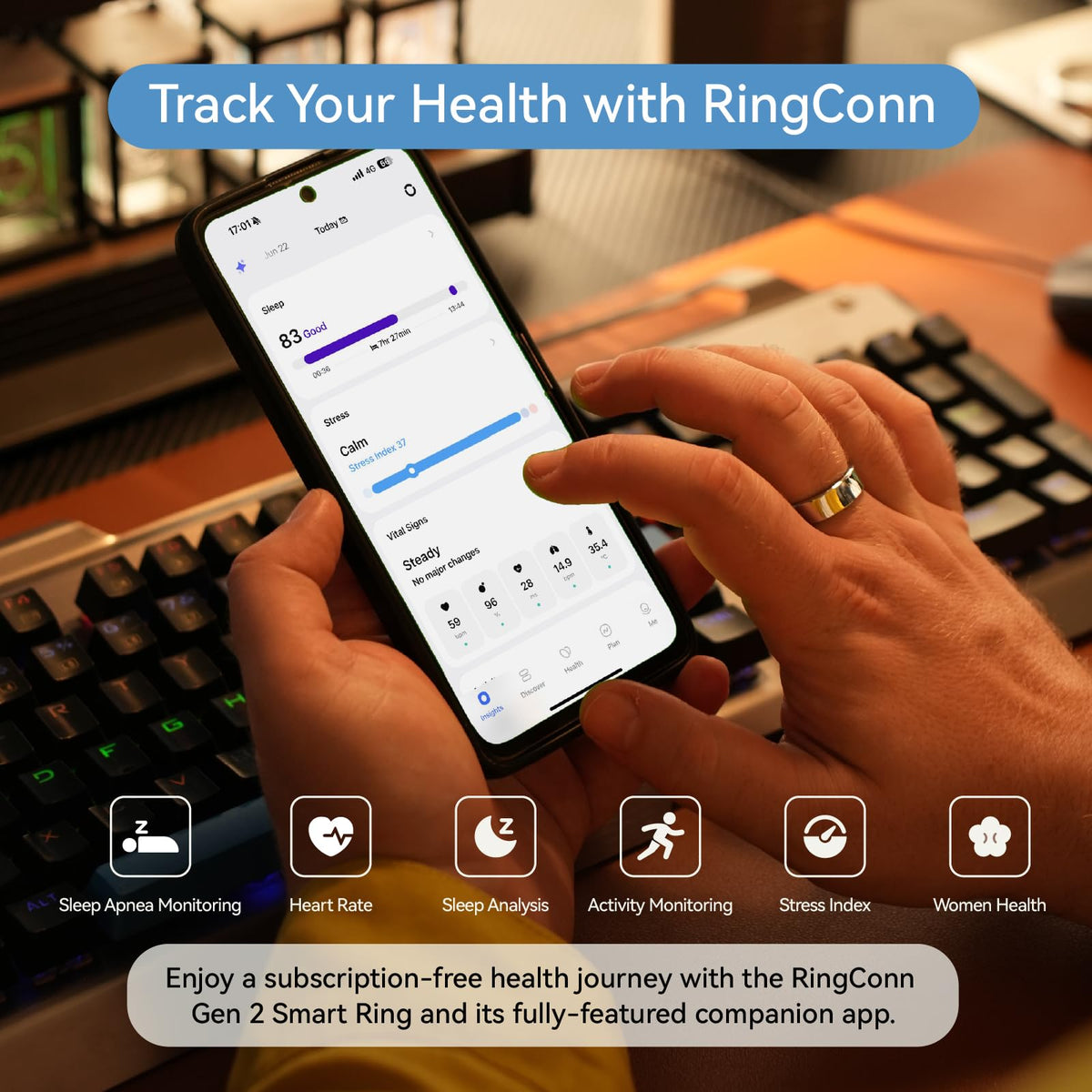 RingConn Gen 2 Smart Ring - Sleep Apnea Monitoring(Gold, Size 8)