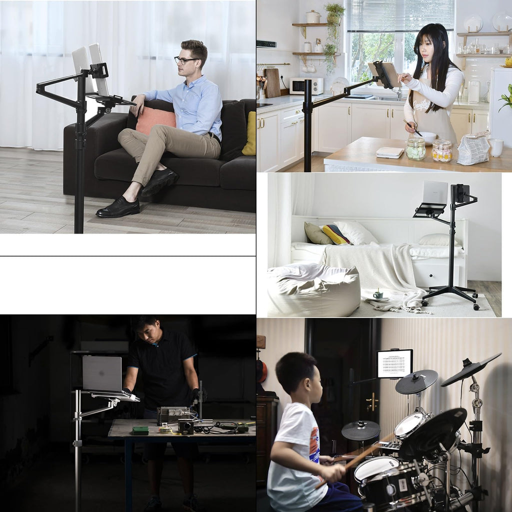 Adjustable Stand Floor with 2 Clamps for Phones, Tablets, E-Readers, Laptops, Tablet Holder Stand with Casters(Silver)