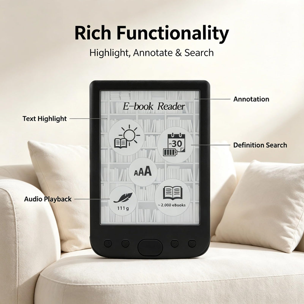 EBTOOLS 6 Inch E Reader, Large Touch Screen with 800x600 High Resolution, Adjustable Font Sizes, Text Highlighting, Paper Like Display, Supports PDF EPUB MOBI, Long Battery Life (8G)