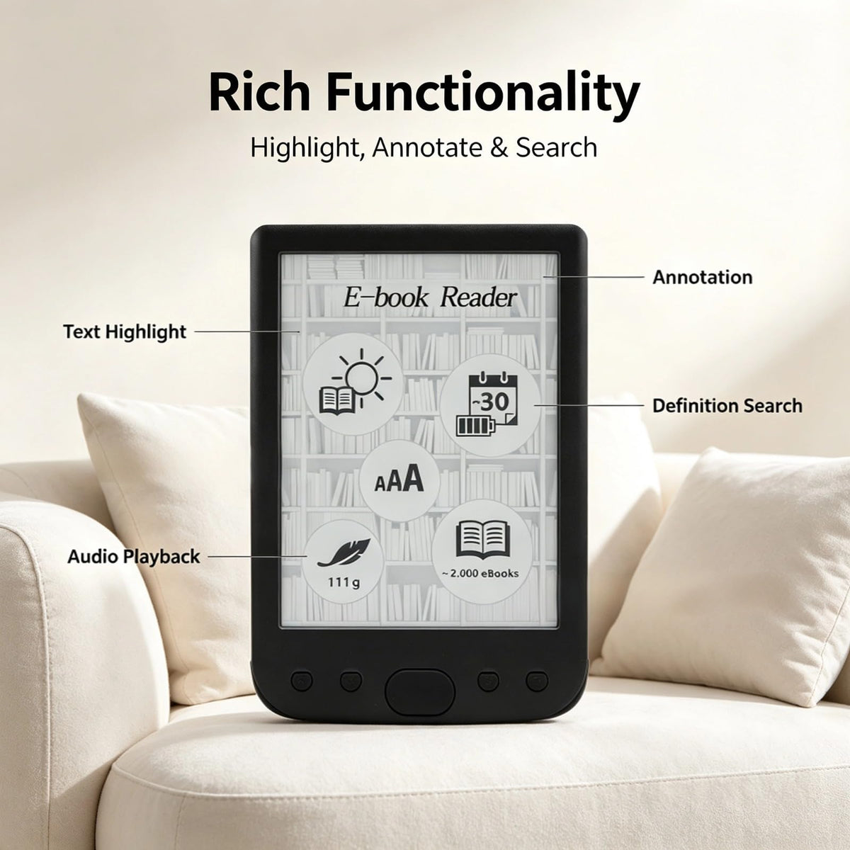 EBTOOLS 6 Inch E Reader, Large Touch Screen with 800x600 High Resolution, Adjustable Font Sizes, Text Highlighting, Paper Like Display, Supports PDF EPUB MOBI, Long Battery Life (8G)