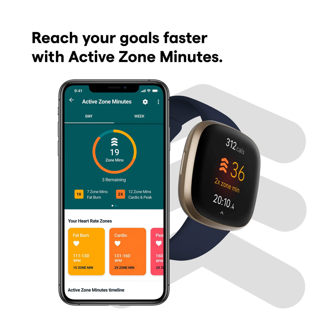 Fitbit Versa 3 Health & Fitness Smartwatch with GPS, 24/7 Heart Rate, Alexa Built-in, 6+ Days Battery, Midnight Blue/Gold, One Size (S & L Bands Included)