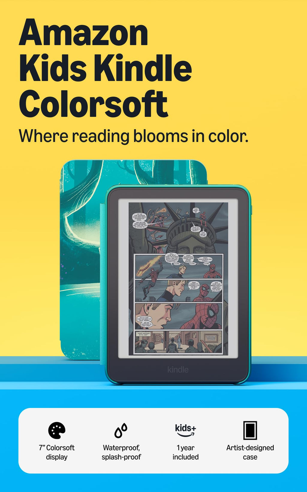 Amazon Kids Kindle Colorsoft 16GB (newest model), Thinner and lighter, 7" color display, Weeks of battery, Includes 1 year of books and Desert Dash cover