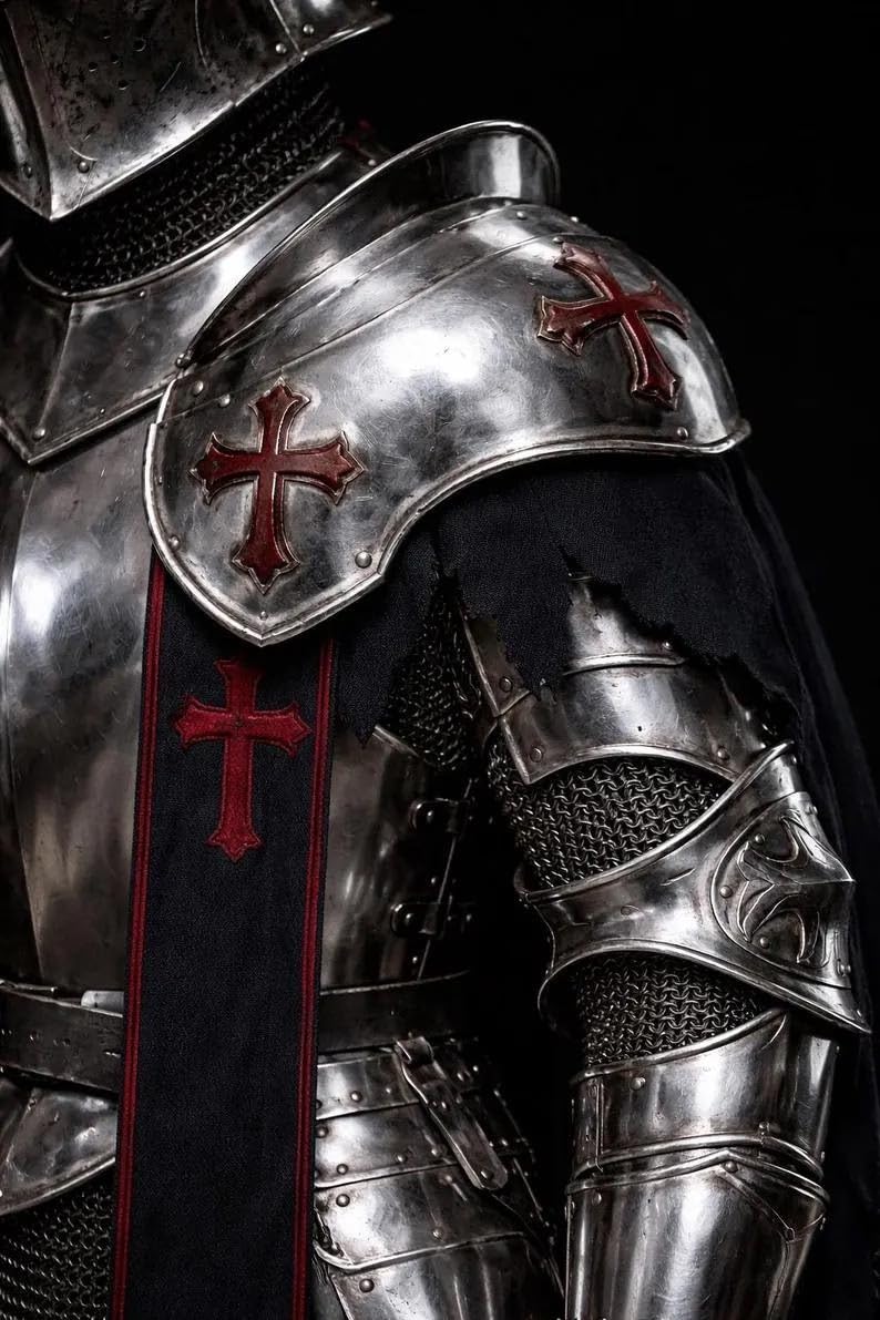 18-Gauge Steel Full Body Armor Suit Wearable Barbuta Knight Templar Armour Costume for Halloween Gothic Crusader for LARP, Cosplay, and Reancement.