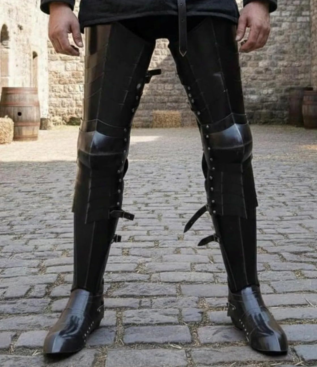 Black Steel Gothic Leg Armor Medieval Knight Greaves & Sabatons Set -Wearable LARP & Cosplay Halloween Costume