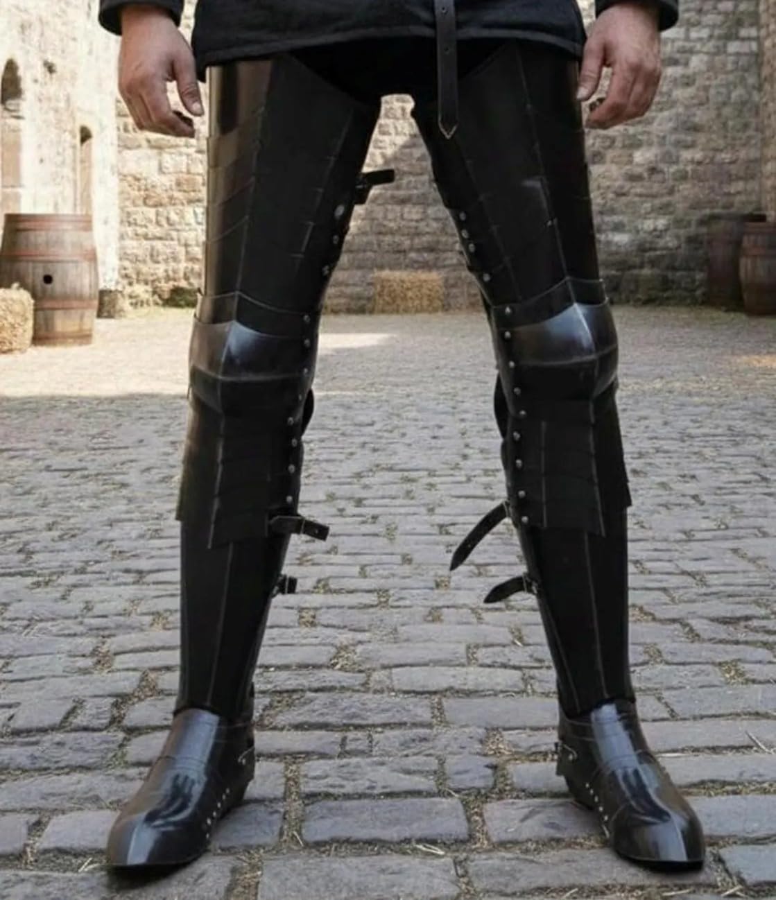 Black Steel Gothic Leg Armor Medieval Knight Greaves & Sabatons Set -Wearable LARP & Cosplay Halloween Costume