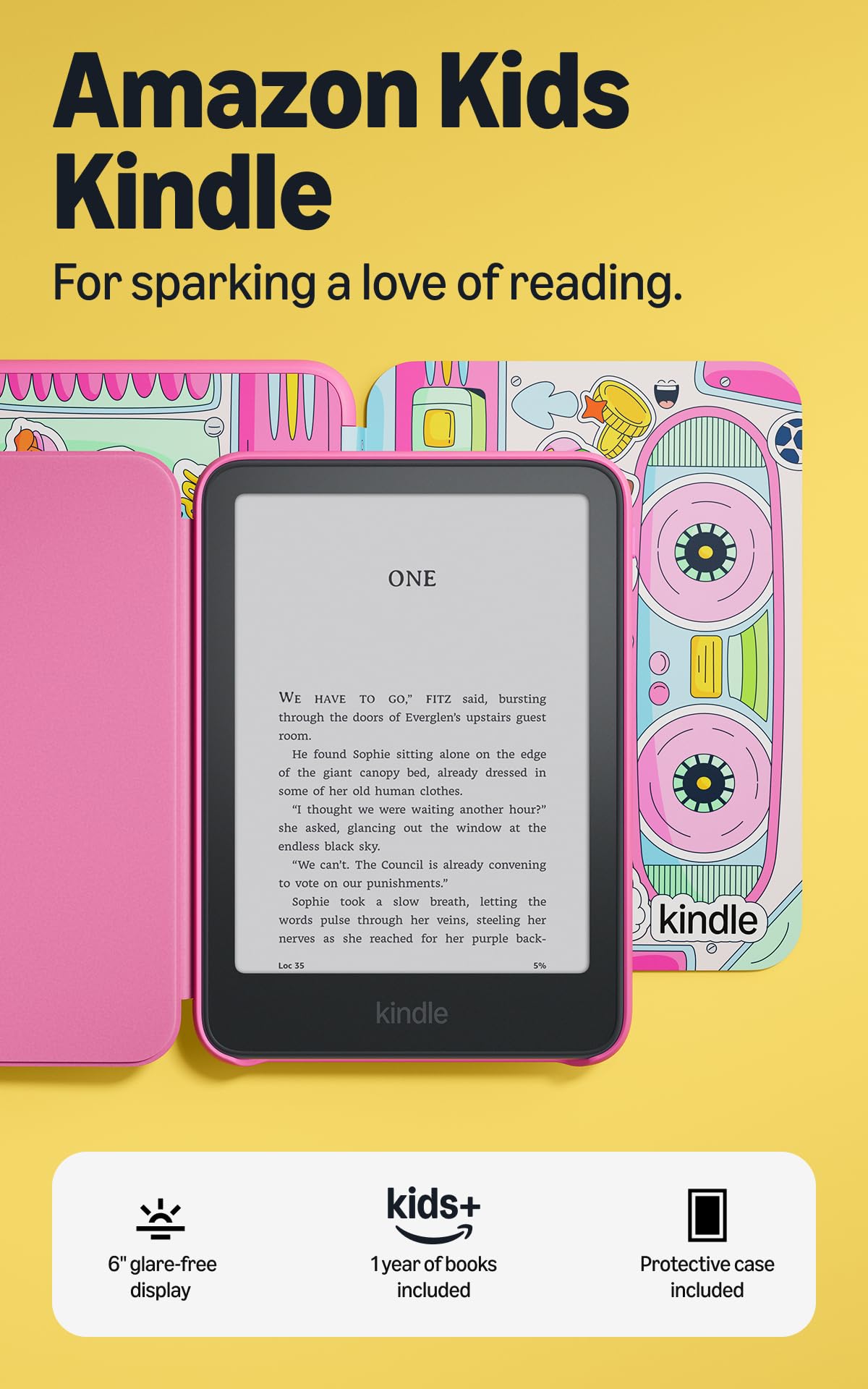 Amazon Kids Kindle 16GB (newest model), Now thinner and lighter, 6" glare-free display, weeks of battery, includes 1 year of books and Bookman cover