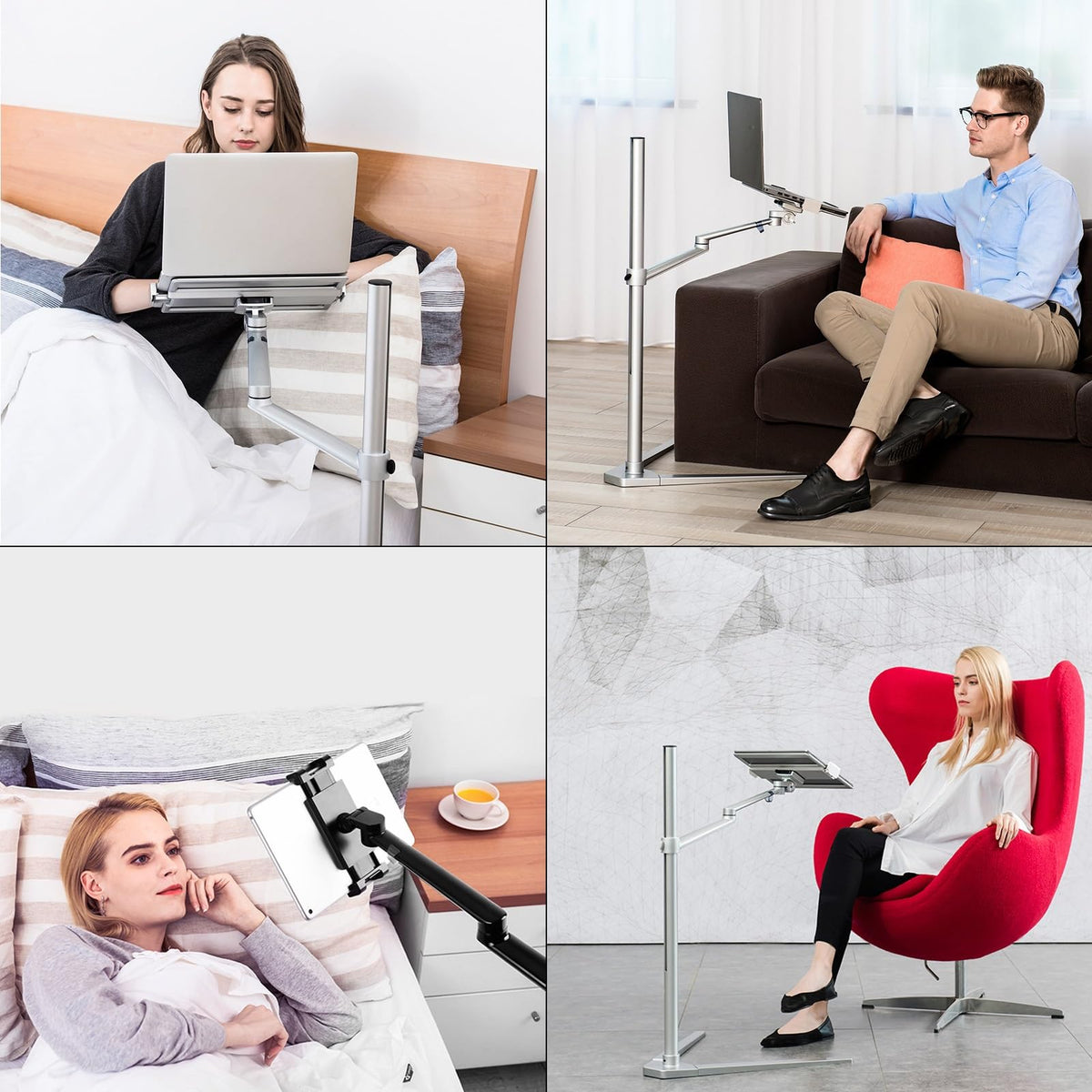3-in-1 Floor Stand for Phone, Tablet, Laptop or E-Reader, Tablet Holder Stand, Adjustable Height and Angle(Silver)