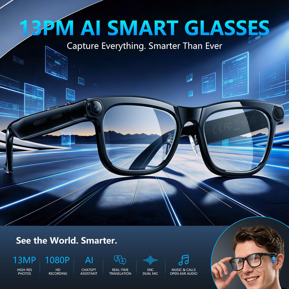 KAIGERR AI Smart Glasses,13MP Camera, 20H Battery, ChatGPT Translations
