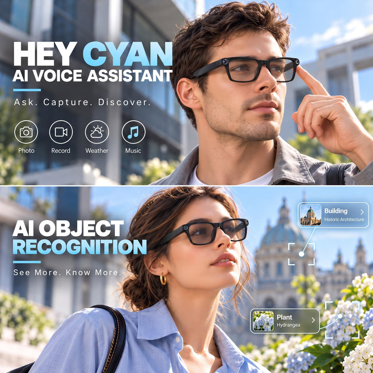 AI Smart Glasses with Camera, 20MP Photos, POV Video & Open-Ear Audio