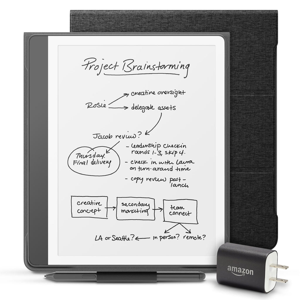Amazon Kindle Scribe Essentials Bundle including Kindle Scribe (16GB) - Tungsten, Premium Pen, Fabric Folio-Denim, and Power Adapter