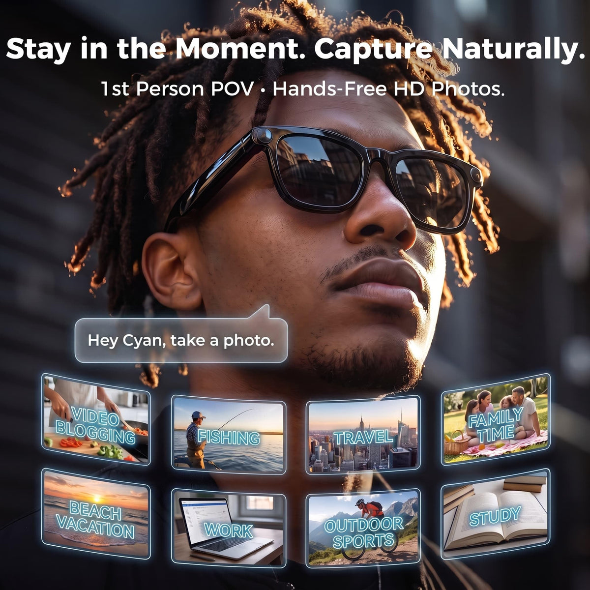 AI Smart Glasses, 8MP 4K POV Camera, EIS HD Video, Translation