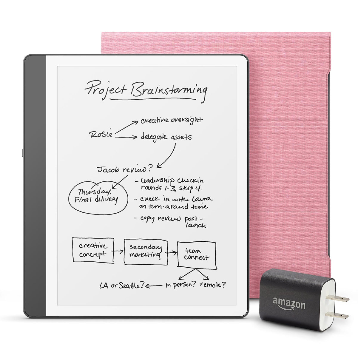Amazon Kindle Scribe Essentials Bundle including Kindle Scribe (16GB) - Tungsten, Premium Pen, Fabric Folio-Denim, and Power Adapter