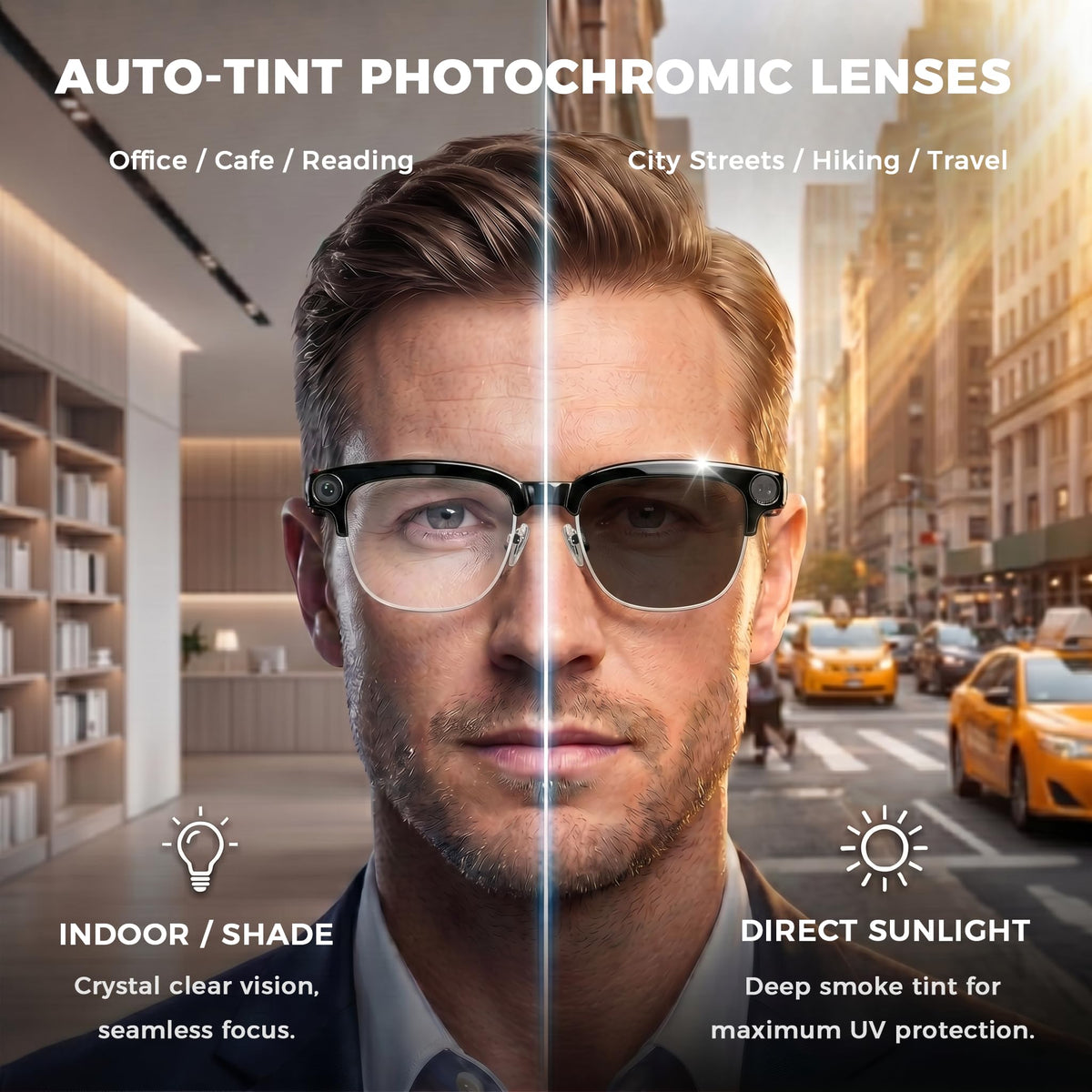 8MP 4K AI Smart Glasses with Camera & Adaptive Fit, Blue Light + Extra Sun Lenses, Real-Time Translator, Voice Assistant & Voice Recorder, Open-Ear Audio for Work & Business Travel