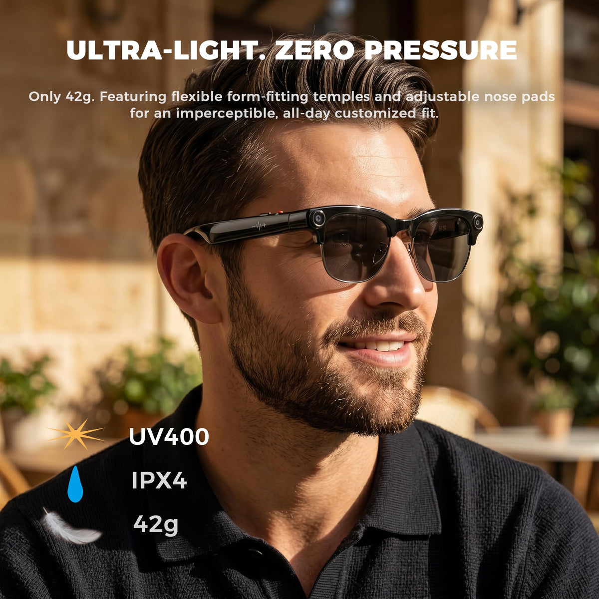 8MP 4K AI Smart Glasses with Camera & Adaptive Fit, Blue Light + Extra Sun Lenses, Real-Time Translator, Voice Assistant & Voice Recorder, Open-Ear Audio for Work & Business Travel