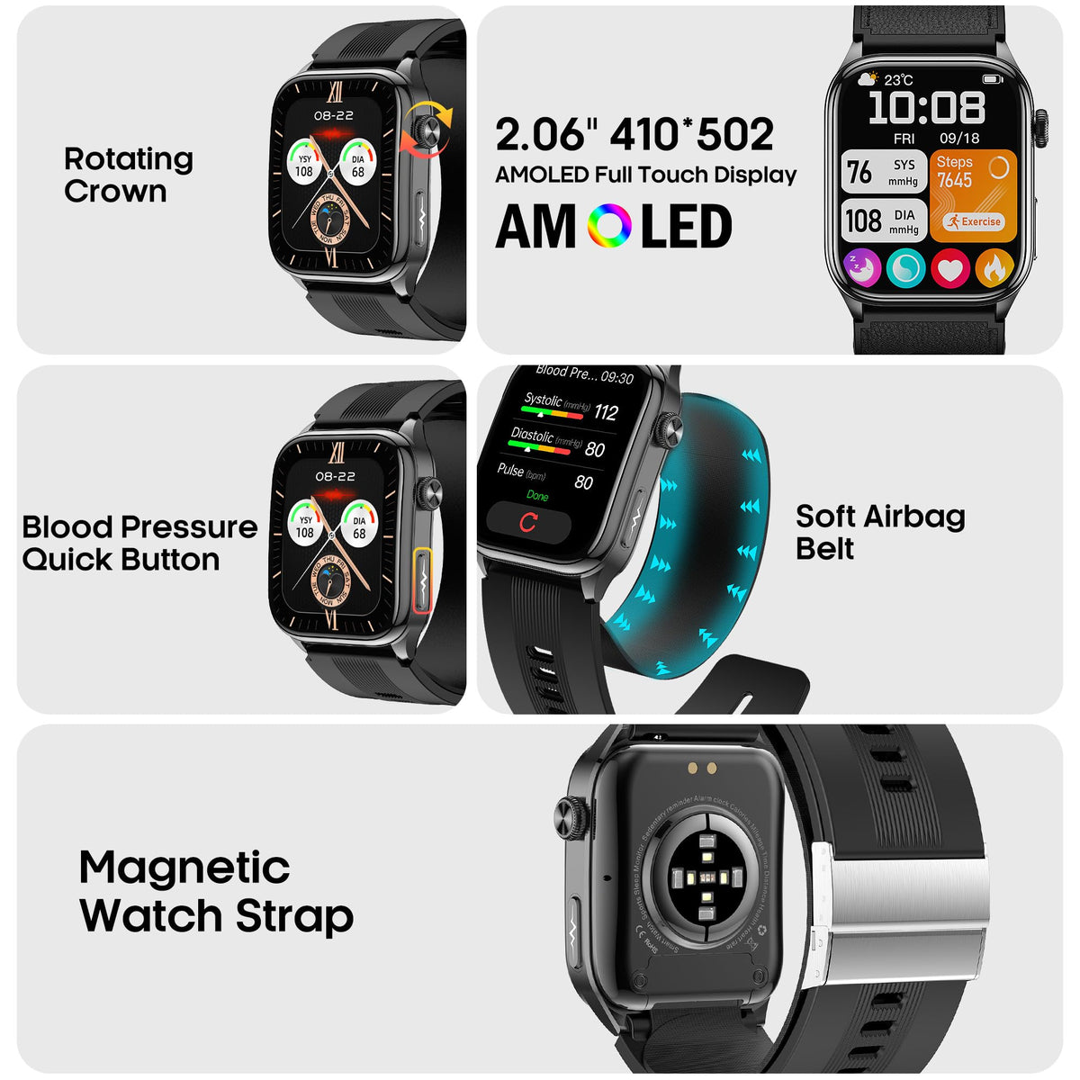 Smart Watches for Men Women with Airbag Cuff, Health Watch with 24/7 Blood Pressure/Heart Rate/Blood Oxygen/Sleep Monitor, SOS, 2.06" AMOLED Display Fitness Tracker Watch for Android iPhone