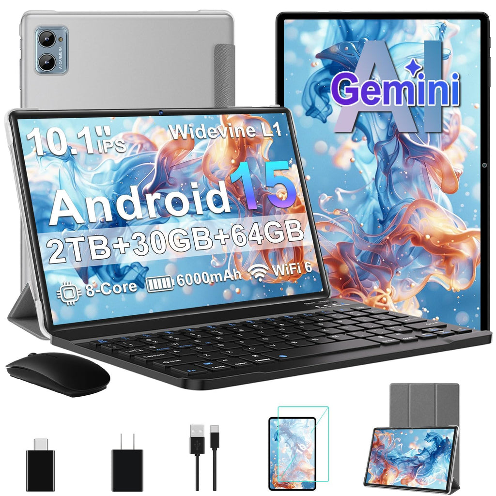 Tablet 2026 Android 15 Tablets with 2.0GHz Octa-Core, 30GB 64GB 2TB Expand, 10 inch Tablet with Keyboard, FHD IPS Display, Gemini AI, 8MP Camera, WiFi 6, 6000mAh, Widevine L1, BT 5.0 -Gray