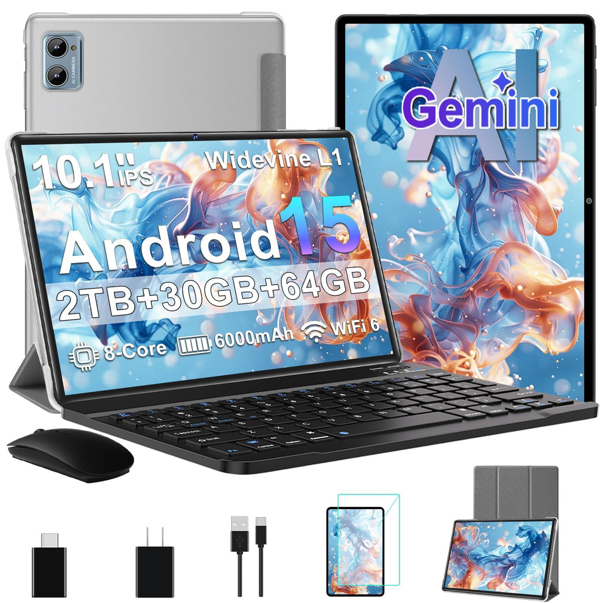 Tablet 2026 Android 15 Tablets with 2.0GHz Octa-Core, 30GB 64GB 2TB Expand, 10 inch Tablet with Keyboard, FHD IPS Display, Gemini AI, 8MP Camera, WiFi 6, 6000mAh, Widevine L1, BT 5.0 -Gray