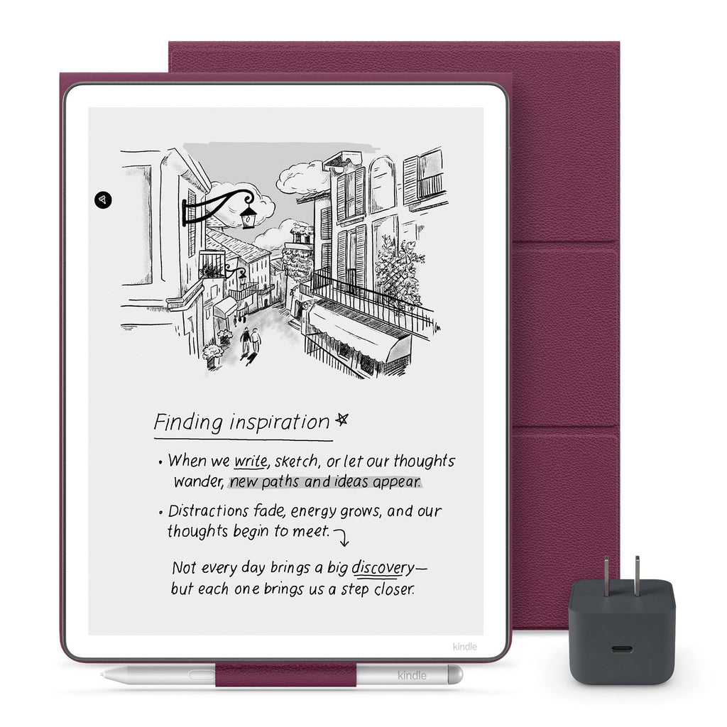 Amazon Kindle Scribe Essentials Bundle - Amazon Kindle Scribe (32GB) , Premium Pen, Premium Leather Folio Cover-Fig & Power Adapter