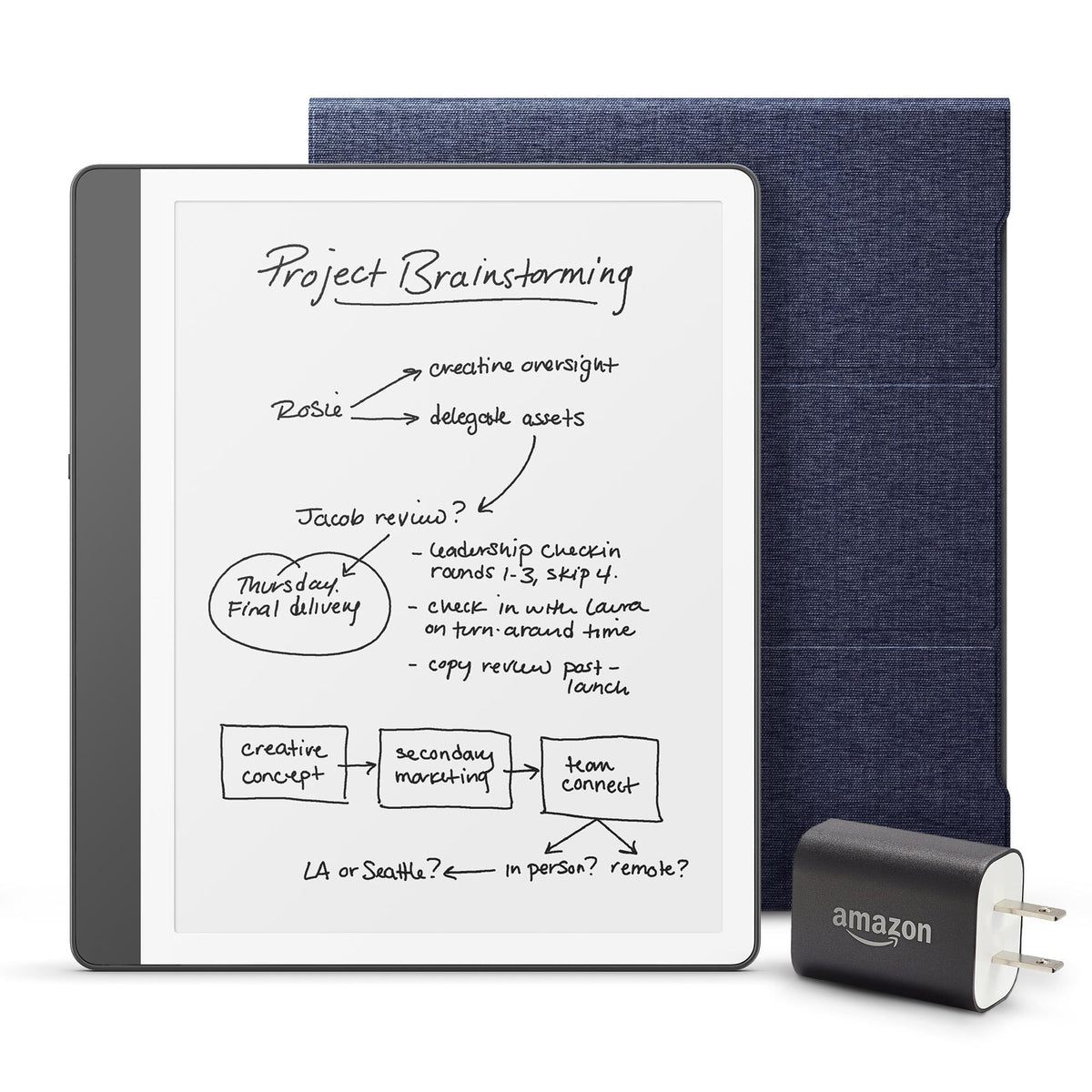 Amazon Kindle Scribe Essentials Bundle including Kindle Scribe (16GB) - Tungsten, Premium Pen, Fabric Folio-Denim, and Power Adapter