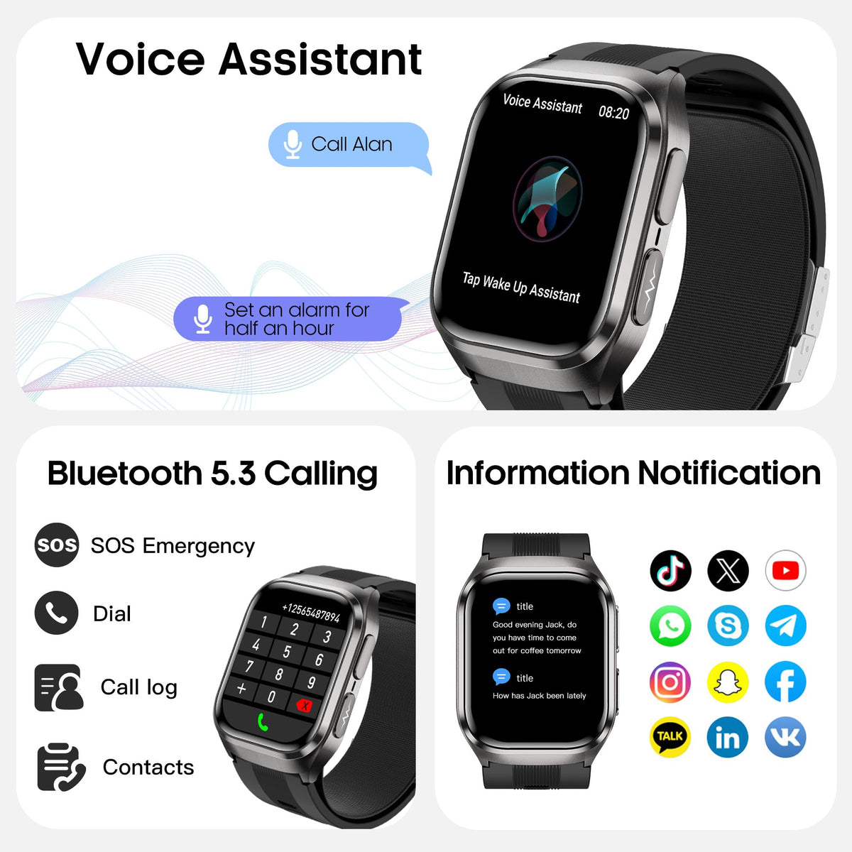 Blood Pressure Smart Watch,2.06" AMOLED HD Large Screen,Voice Broadcast,Air Pump Air Bag,Bluetooth Call,24/7 Heart Rate Blood Oxygen Sleep Monitoring,Activiy Tracker,SOS